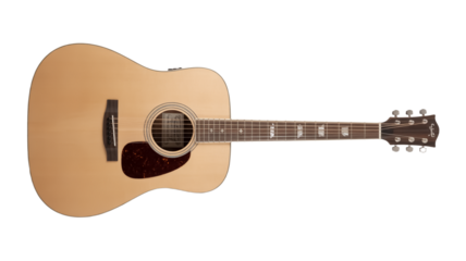A professional product photograph of an acoustic dreadnought guitar against on a transparent background.