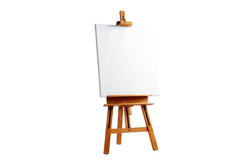 A wooden easel with a white canvas on it. The easel is standing on a wooden base