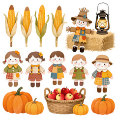 Fototapeta premium A charming harvest scene depicting the season's bounty, including corn, pumpkins, apples, scarecrow and adorable dolls, all presented in a delightful style.