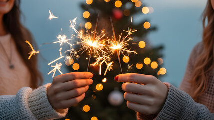 Two women holding sparklers in front of a christmas tree with lights