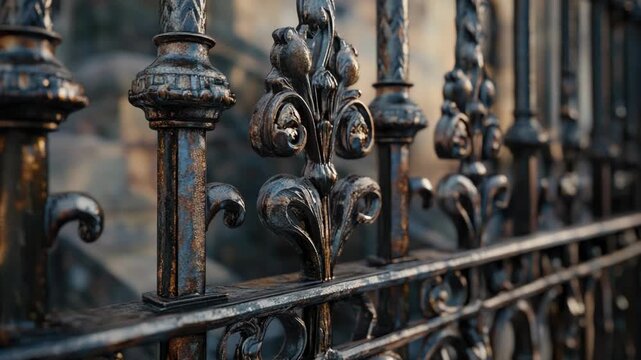 A close-up shot of a metal fence with a building visible in the background