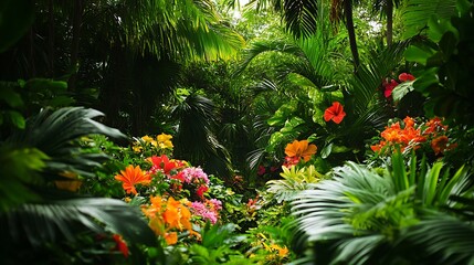 Lush tropical garden flowers plants foliage greenery nature beauty scenic paradise botanical vibrant jungle view