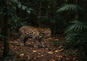 Naklejka premium Ocelot walking through dense foliage wild spotted