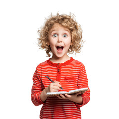 Surprised young boy writing in notebook on transparent background