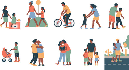 Family Silhouettes Collection Parents Children Walking Cycling Isolated on Transparent Backdrop