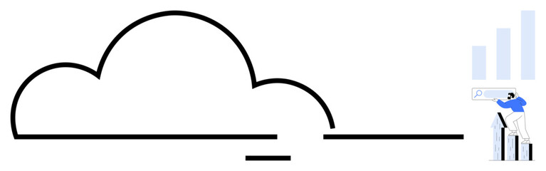 Minimalist cloud with a user analyzing data graphs and search bar on tall blocks. Ideal for technology, data analysis, cloud computing, innovation, user interaction, business, and automation. Simple