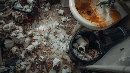 A disordered bathroom showing signs of neglect and filth