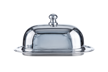 A silver tray with a silver dome on top. The dome is silver and has a blue tint