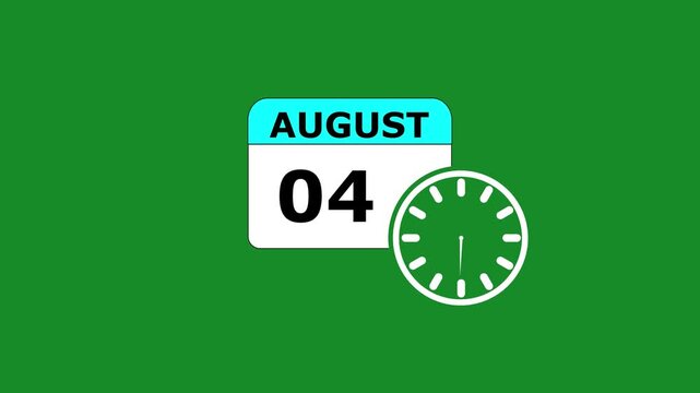 04 AUGUST month calendar icon with symbol. Simple calendar icon animation and date change of time month. Calendar icon Sign on GREEN background. Calendar Pendulum Animation