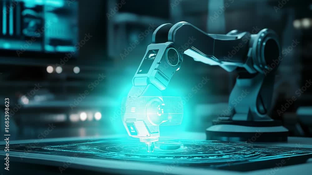Poster robotic arm manipulating hologram in futuristic laboratory setting