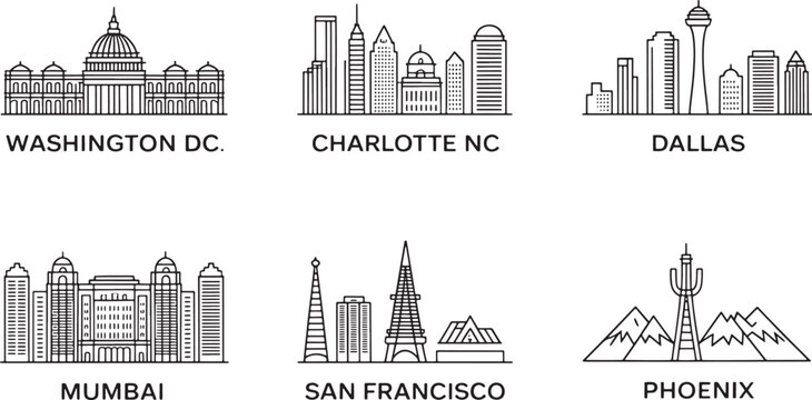 City Skyline Outlines Featuring Washington DC, Charlotte NC, Dallas, Mumbai, San Francisco, Phoenix