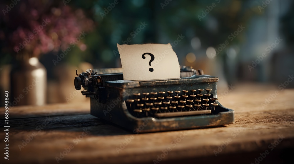 Aufkleber a vintage typewriter with a paper displaying a prominent question mark rests on a rustic wooden tabl