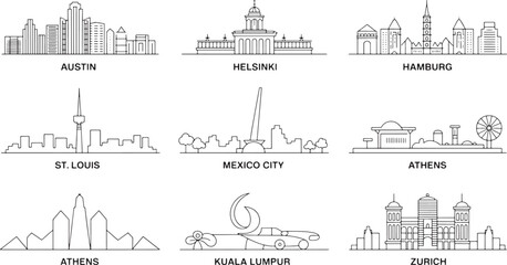 Cityscape Outlines of Austin, Helsinki, Hamburg, St. Louis, Mexico City, Athens, Kuala Lumpur, Zurich