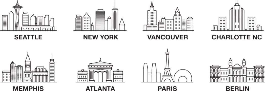 City Skyline Vector Set Seattle New York Vancouver Charlotte Memphis Atlanta Paris Berlin