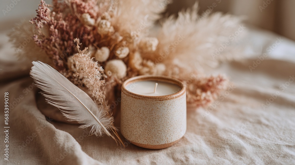 Poster elegant candle surrounded by dried flowers and a soft feather, creating a serene and inviting atmosp