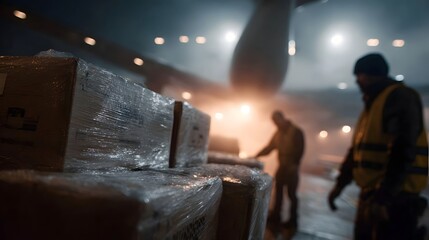 Cargo boxes wrapped in plastic are prepared for loading onto an aircraft by blurred workers at an illuminated airport terminal at night showcasing