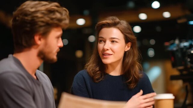 An actor rehearses a scene with a partner in a casting office with scripts open a camera rolling a director giving notes and a coffee mug cooling presented in a collaborative