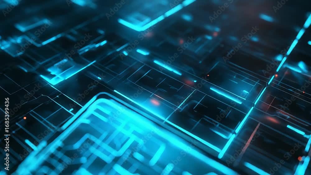 Poster futuristic glowing circuit board showing data flowing