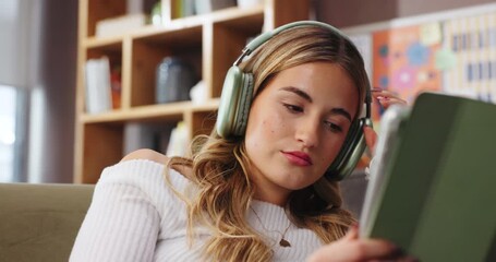 Annoyed, headphones and woman with tablet in home for sound, tech and subscription. Online, entertainment and person with app for social media, browsing and disappointed on break in living room
