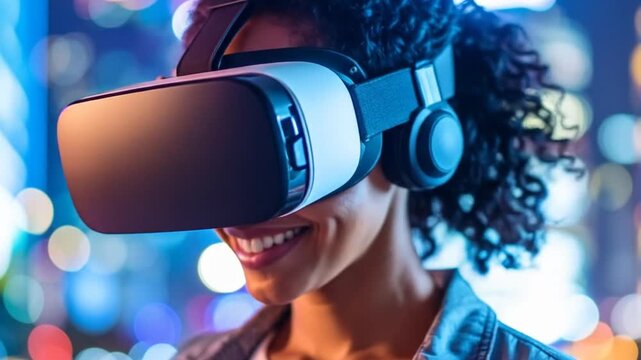 Woman experiencing vr headset night city
