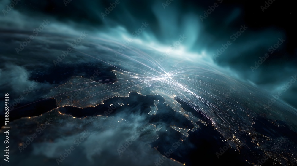 Poster global network of glowing lines depicting interconnected routes and data flow over the illuminated n