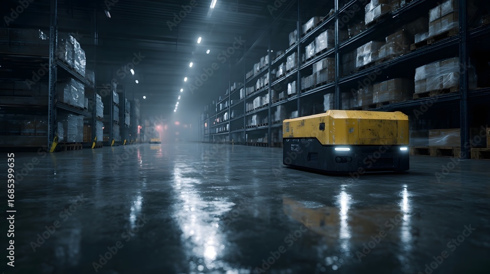 Poster an autonomous mobile robot navigates a high tech illuminated industrial warehouse efficiently transp