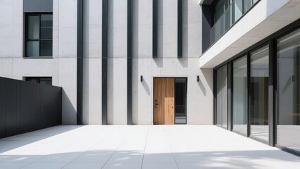 Modern minimalist building facade with a central wooden door and large glass windows.