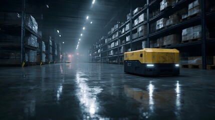 An autonomous mobile robot navigates a high tech illuminated industrial warehouse efficiently transporting goods between towering storage shelves in