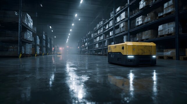 An autonomous mobile robot navigates a high tech illuminated industrial warehouse efficiently transporting goods between towering storage shelves in