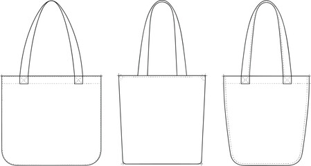 CAD drawing flat vector illustration showing three different basic tote bag designs for sewing, crafting, pattern, fashion, and design use