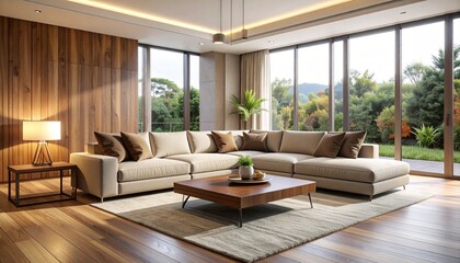Contemporary modular sofa in warm neutral tones, arranged in an open-concept room with clean lines, subtle wood accents, and balanced ambient lighting.