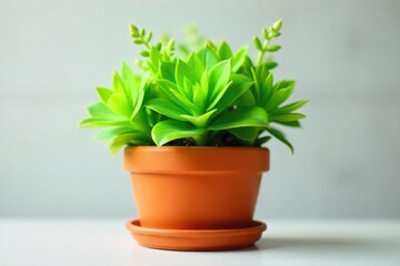Obraz premium Lush Green Potted Plants in Vibrant Terracotta Pot, Perfect for Spring Home Decor