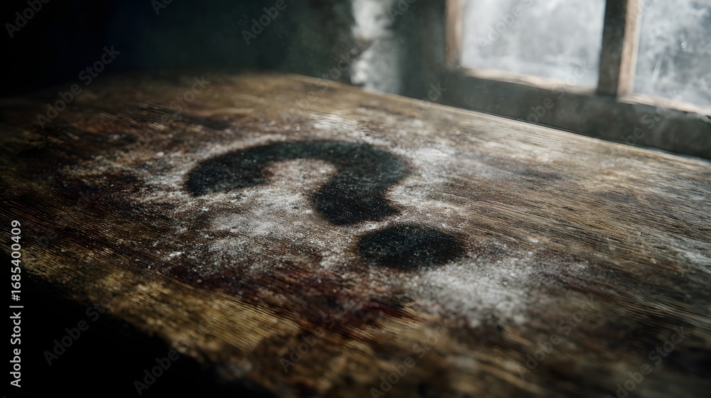 Aufkleber a prominent question mark meticulously formed from fine dust rests on a textured wooden table illumi