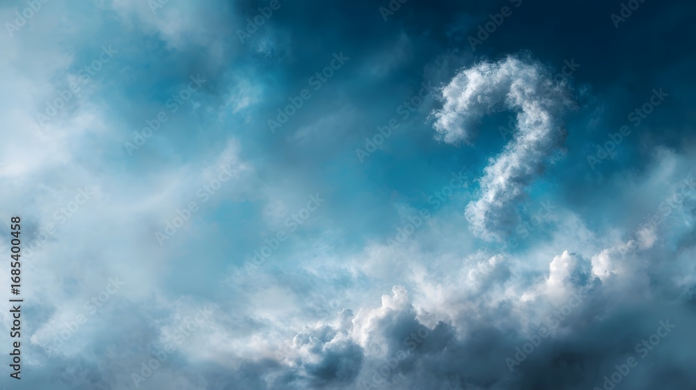 Poster a question mark formed by soft white clouds against a dynamic blue sky symbolizing mystery inquiry a