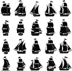 Vector silhouette set of people on a sailboat sailing on the ocean with a sun and waves design