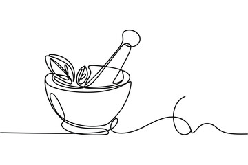 Minimalist line art of a mortar and pestle with herbs