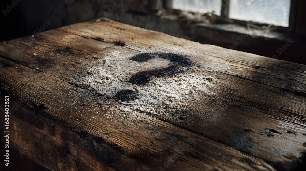 Aufkleber a dusty wooden surface featuring a prominent question mark drawn in the fine layer of grime illumina