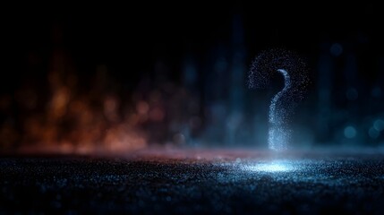 Glowing digital particle question mark hovers over a dark textured surface with abstract blue and orange light effects