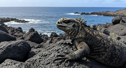 marine iguana sunbathing on black volcanic rock in open coastal space