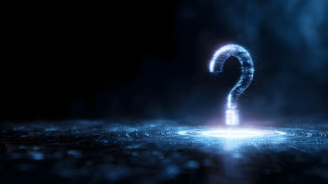 A glowing particle based blue question mark symbol emerges from a dark futuristic digital surface representing inquiry and innovation