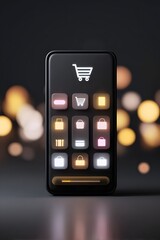 Modern smartphone mockup with glowing ecommerce app interface