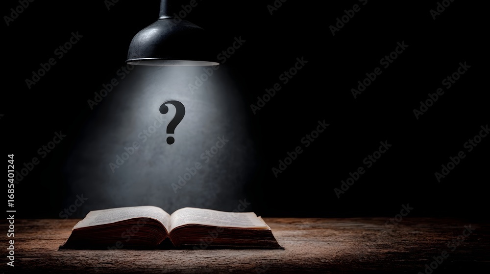 Poster an open book rests on a dark desk bathed in a spotlight illuminating a hovering question mark symbol
