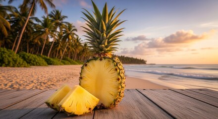 Fresh pineapple slices on a wood table at a tropical beach sunset, island vibes