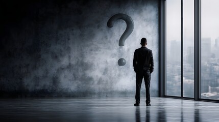 Businessman in a suit stands in a modern office contemplating a large mysterious question mark on the wall overlooking a city skyline
