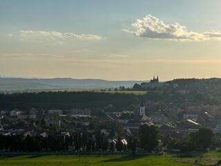 Spišské Podhradie town and surrounding hilly landscape at dusk, Prešov, Slovakia, May 2024