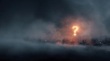 A glowing question mark illuminates a foggy city skyline at night symbolizing mystery uncertainty and the future of urban challenges