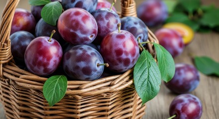 Fresh plums in basket, ready for delicious recipes, healthy eating and summer treats