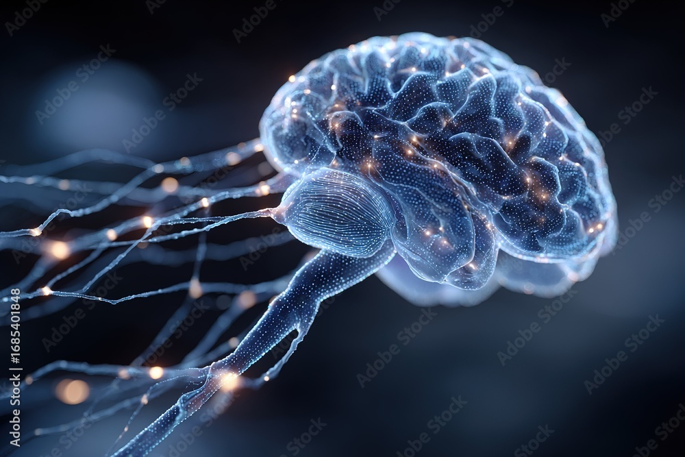 Poster conceptual representation of a human brain with glowing neural connections and a dark background