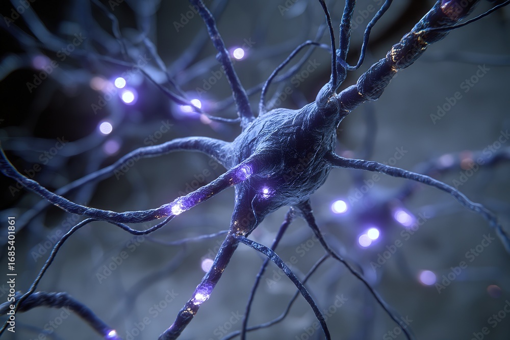Poster exploring the intricate details of neurons and their connections in a vibrant neural network at a mi
