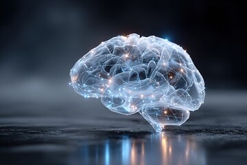 Digital representation of a human brain illuminated with blue and orange lights showcasing neural connections and activity